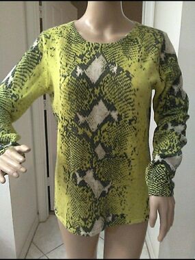 2PLY CASHMERE Peck & Peck Neon Yellow Black Reptile-Print Sweater SZ. M 🔥🔥